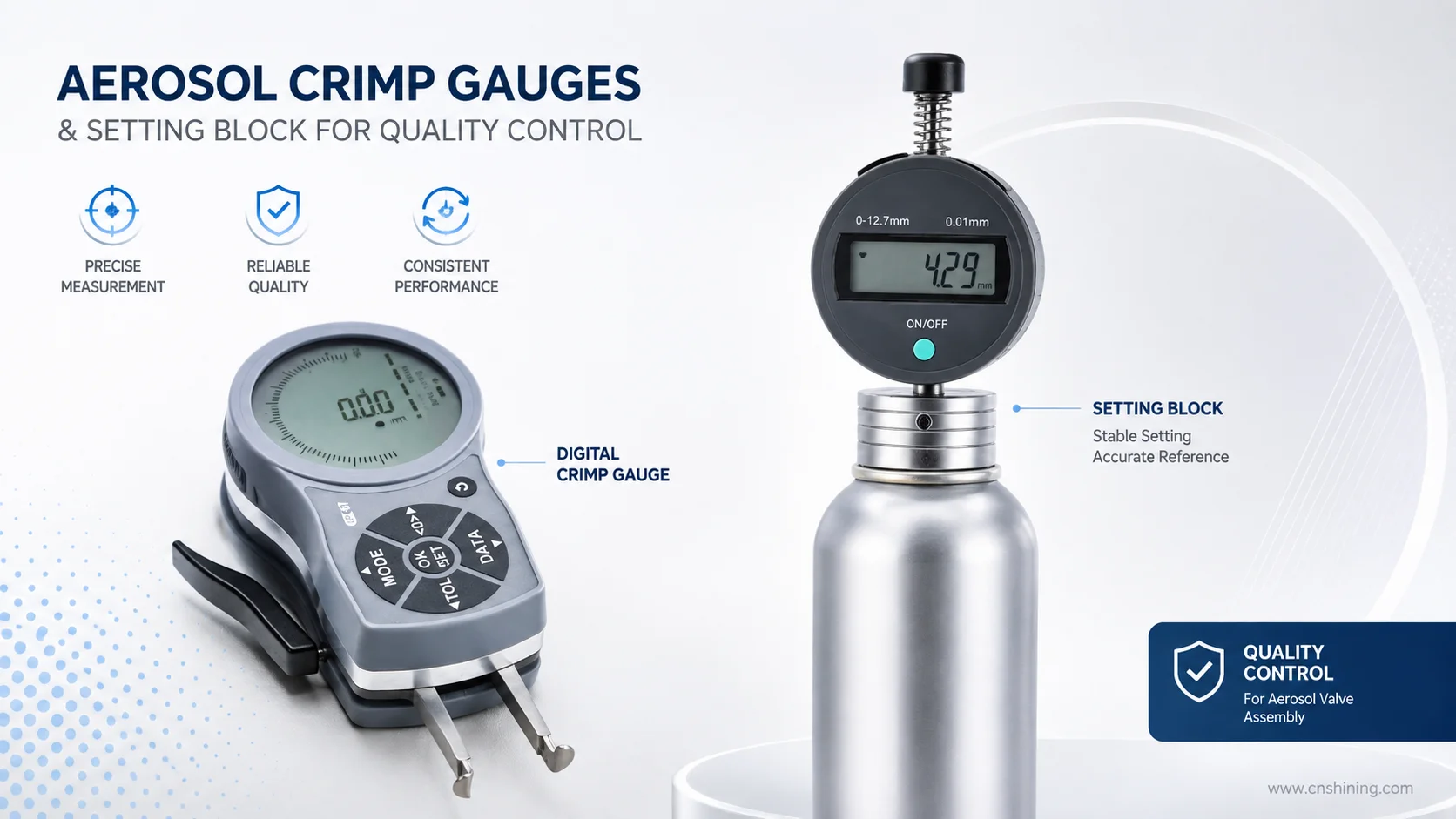 Key Focus Part 10: The Importance of Crimping in Aerosol Valve Assembly 3 Aerosol Crimp Gauges And Setting Block Used For Quality Control