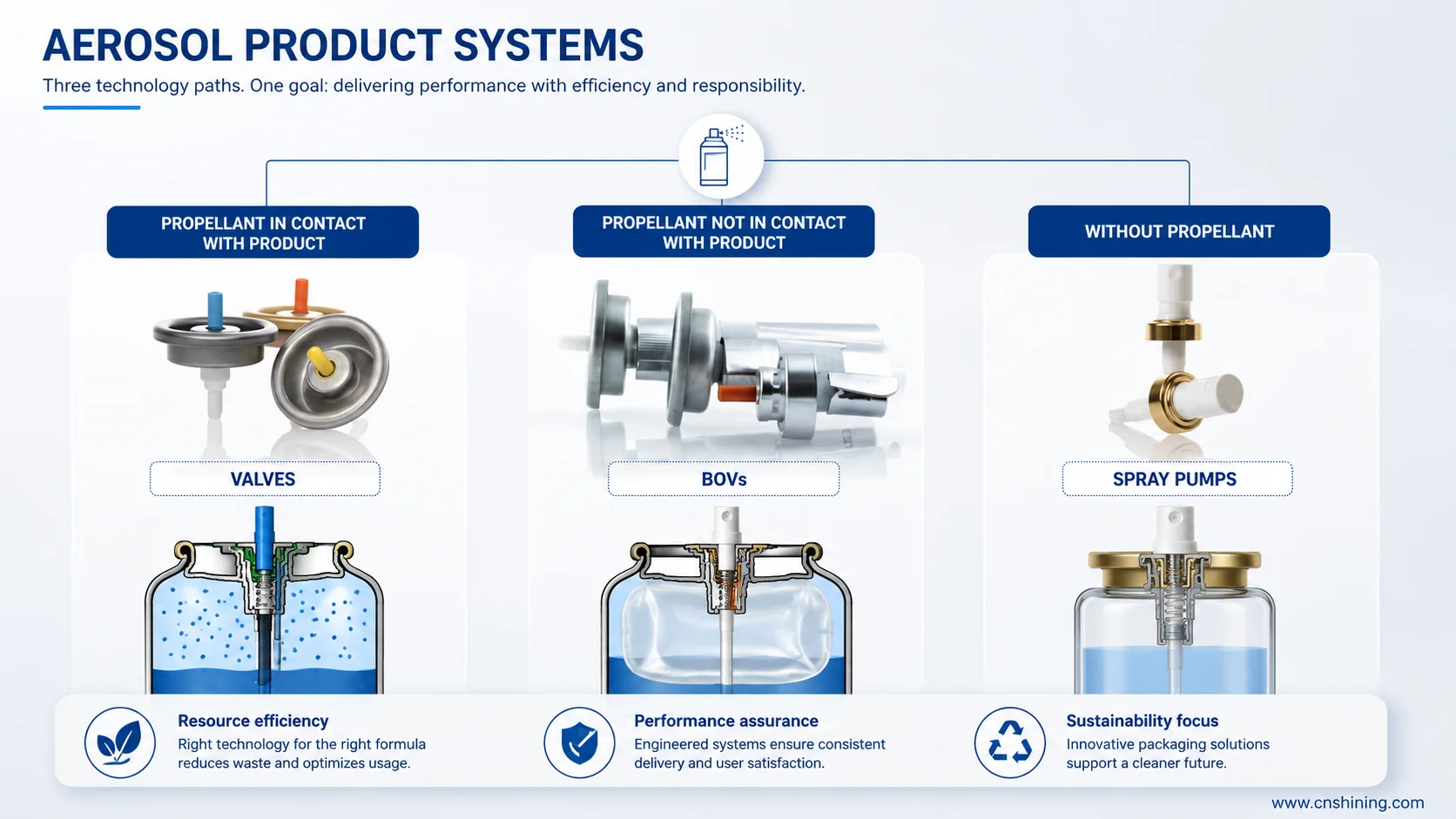 Three Aerosol Product Systems: Standard Valve, Bag-On-Valve, And Spray Pump