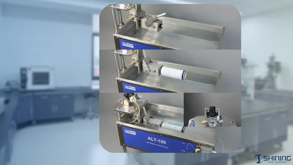 Leak testing equipment for aerosol cans used to verify clinch seal integrity during production