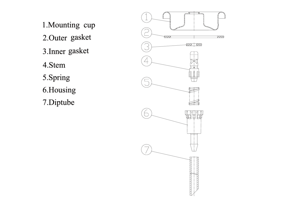 Exploded view of aerosol valve components including mounting cup, gaskets, stem, spring, housing, and dip tube for EN 14848 25.4 mm valve cup systems