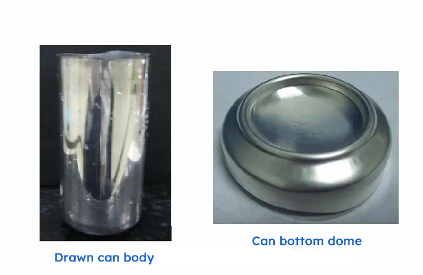 How are aluminum cans made? 5 Drawn aluminum can body and domed bottom profile formed during redraw and ironing process in two-piece beverage can manufacturing