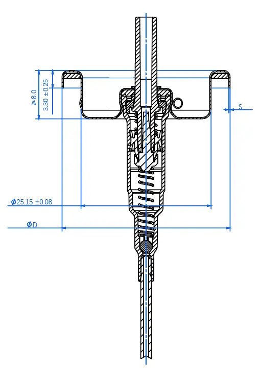 Technische Zeichnung der Ventilkappenabmessungen nach EN 14848 mit Angabe der Wandstärke S und des Außendurchmessers D für 25,4 mm Aerosoldosen