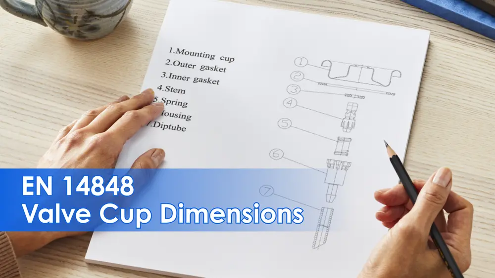 EN 14848-Norm für 25,4-mm-Aerosolventilkappen, die die Komponenten und die Montagestruktur der Ventilkappe zeigt.