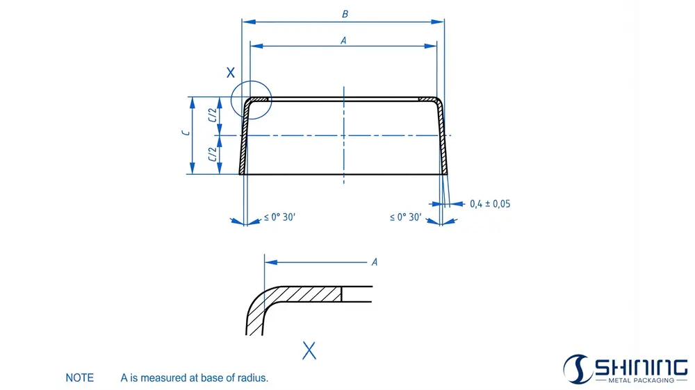 EN 14849 aerosol valve ferrule geometry diagram showing dimensions A, B and C for glass container sealing and crimp stability