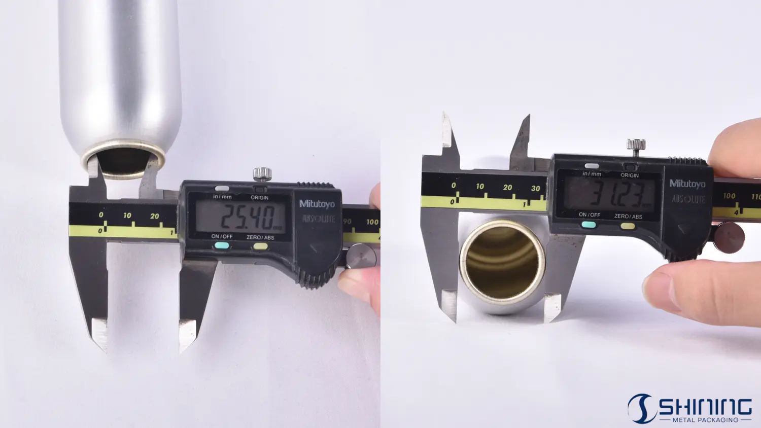 Mesure des diamètres intérieur et extérieur de l'ouverture d'une boîte aérosol en aluminium de 25,4 mm selon la norme EN 15006