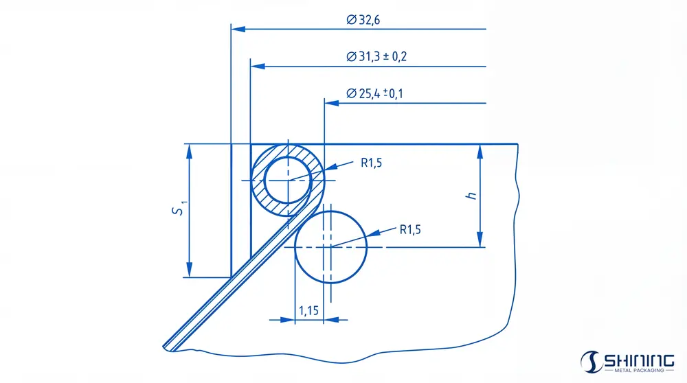 EN 15006:2006 Aluminium Aerosol Can Standard: 25.4 mm Aperture Dimensions 2 EN 15006 aluminium aerosol can 25.4 mm aperture dimensions showing contact height h, shoulder height S1, outside diameter 31.3 mm, inside diameter 25.4 mm and curl radius R1.5.