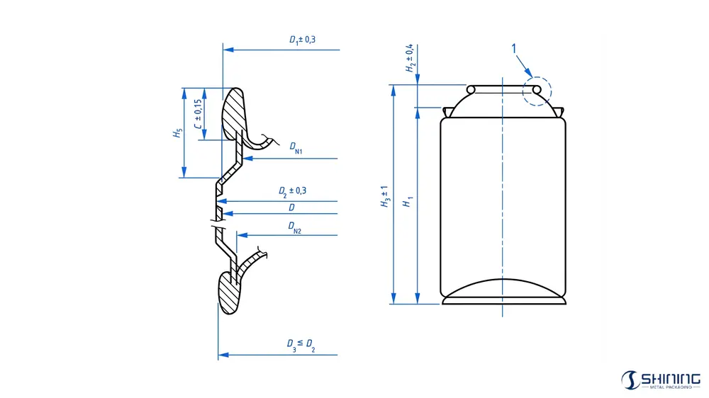 EN 15007 Maßdiagramm für eingezogene Weißblech-Aerosoldosen mit Angabe der Durchmesser oben und unten sowie der Höhenangaben