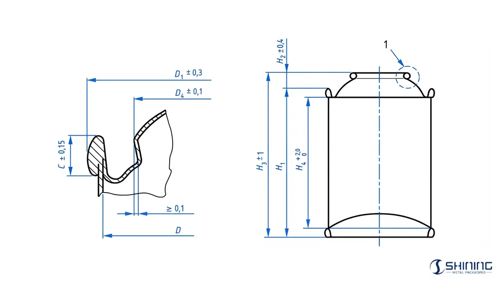 EN 15007 Maßdiagramm für geradwandige Weißblech-Aerosoldosen mit Angabe der Durchmesser- und Höhentoleranzen für zwei- und dreiteilige Dosen