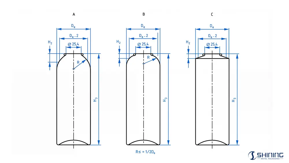 EN 15008: Einteilige Aluminium-Aerosoldosen mit 25,4 mm Öffnung 2 Monoblock-Aerosolbehälter aus Aluminium mit ogivalem Schulterprofil und beschrifteten Abmessungen (De, H2, H3 und R).