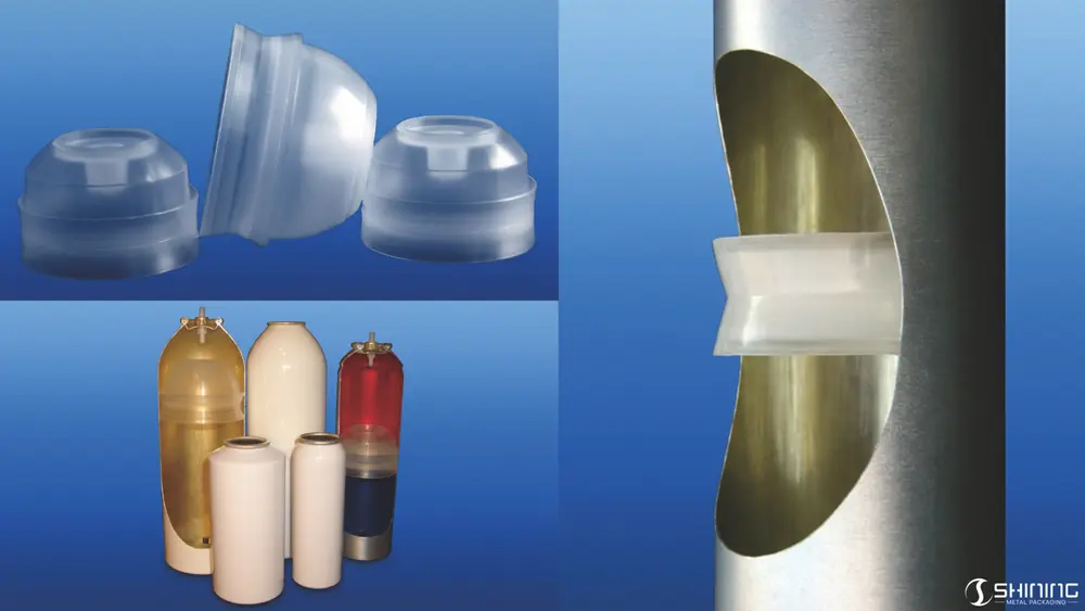 Dimensions and structural details of EN 15009 compartmented aerosol containers showing internal chambers and container compatibility