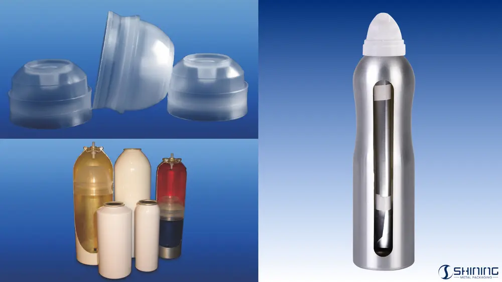 Dimensions and structural details of EN 15009 compartmented aerosol containers showing internal chambers and container compatibility