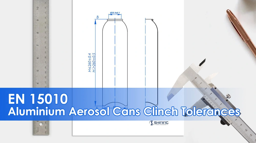 Tolerancias de cierre de latas de aerosol de aluminio según EN 15010 que muestran el dibujo dimensional y la referencia de medición para una abertura de 25,4 mm