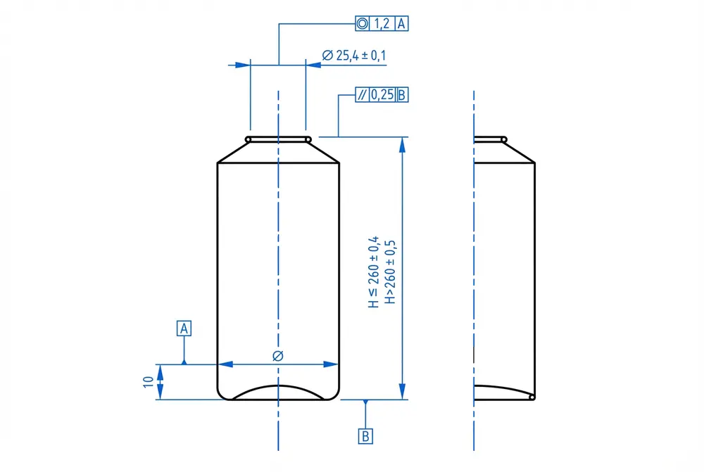 Tolerancias de cierre de envases de aerosol de aluminio según la norma EN 15010 que muestran una apertura de 25,4 mm, tolerancia de altura y referencias de datos