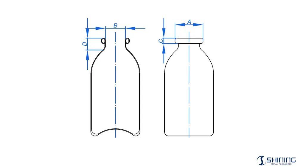 FEA 215 aluminium aerosol can 20 mm opening geometry showing dimensions A, B, C and D for crimping and sealing control