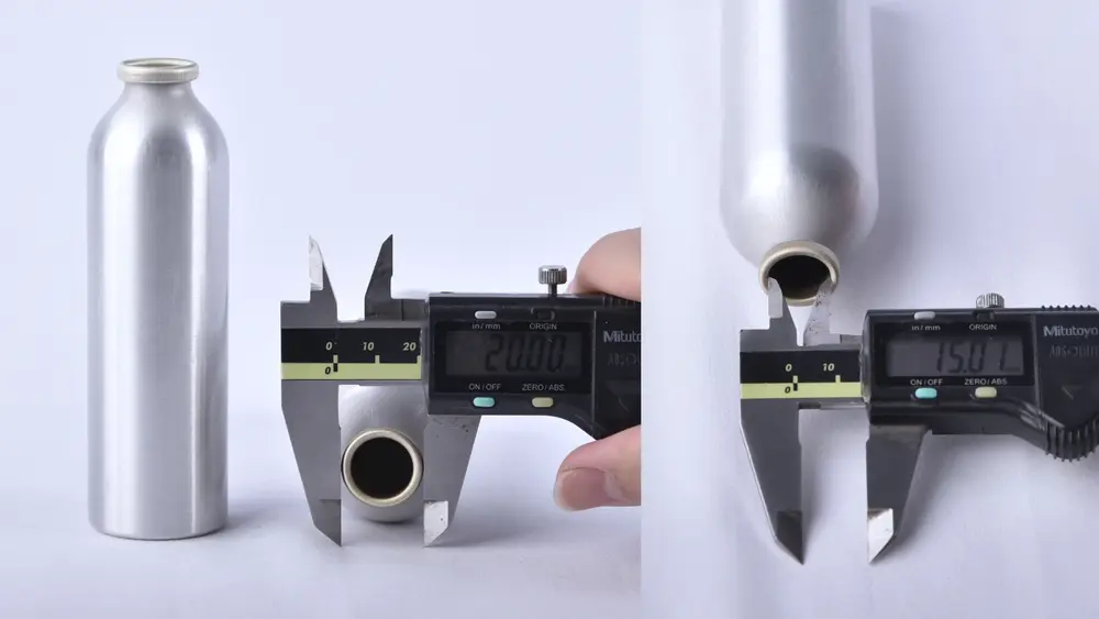 Caliper measurement of the 20 mm opening diameter on an aluminium monobloc aerosol container according to FEA 215