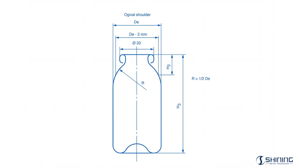 FEA 219 : Contenants aérosol monoblocs en aluminium avec ouverture de 20 mm 1 Conteneur aérosol monobloc en aluminium avec dimensions indiquées : De (diamètre), H2 (hauteur du siège du couvercle), H3 (hauteur totale) et R (rayon)