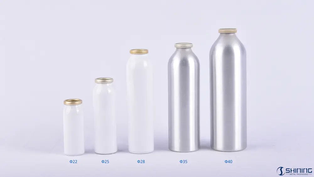 FEA 219 envases de aerosol de aluminio con abertura de 20 mm que muestran tamaños estándar de 22 mm a 40 mm de diámetro