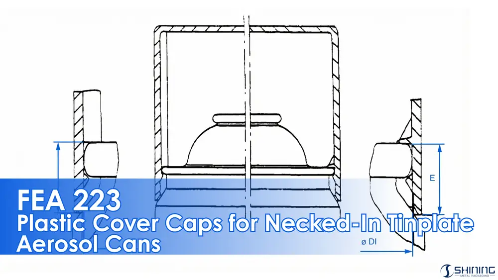 Coupe transversale du couvercle en plastique FEA 223 montrant le diamètre intérieur DI et la dimension de jeu E pour les aérosols en fer-blanc