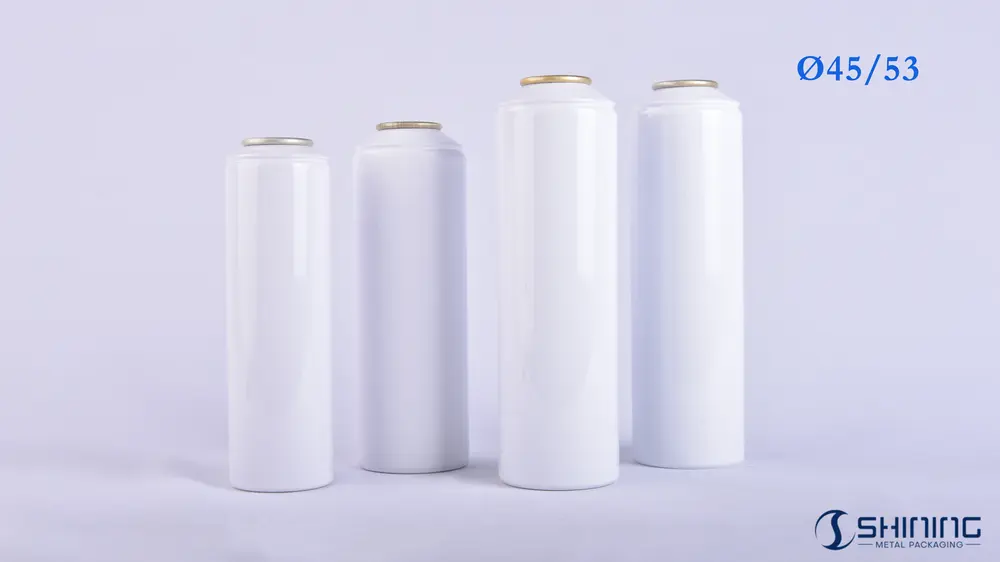 FEA 225 rimmed flat-shoulder aluminium aerosol containers with diameters from Φ45 to Φ53, designed to accept spray caps