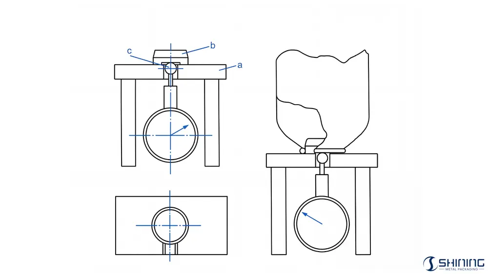 Dispositivo de medição para planicidade de cordões de solda com componentes identificados (placa de referência plana, peça central e barra de medição com calibrador).