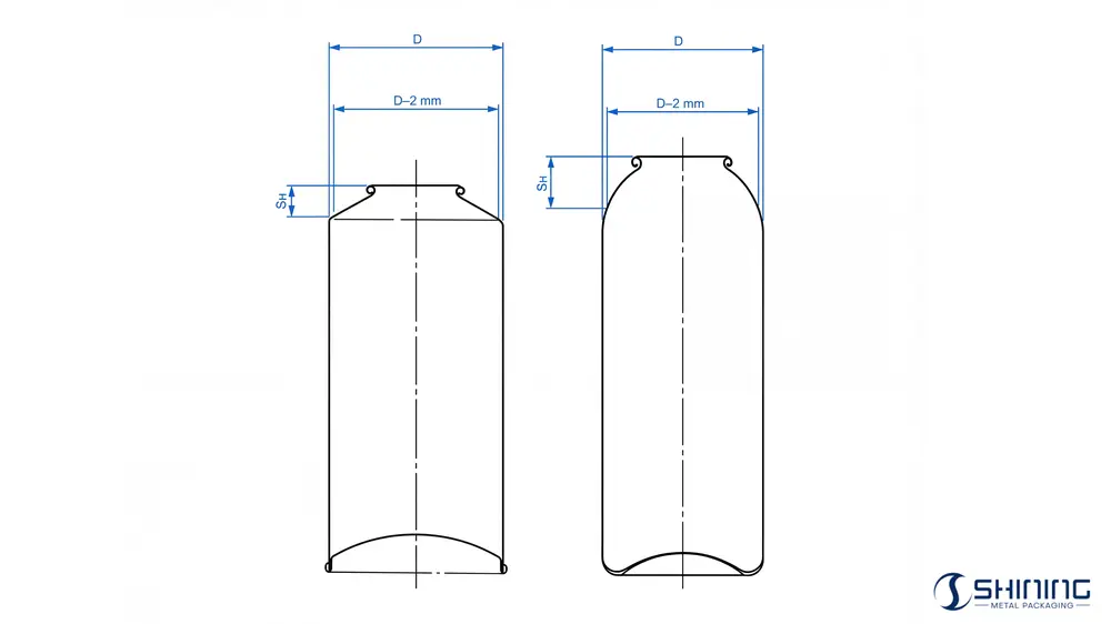 FEA 421 definition of cover seat height (HS) on 25.4 mm aerosol container showing dimension D and measurement in the diametrical vertical plane