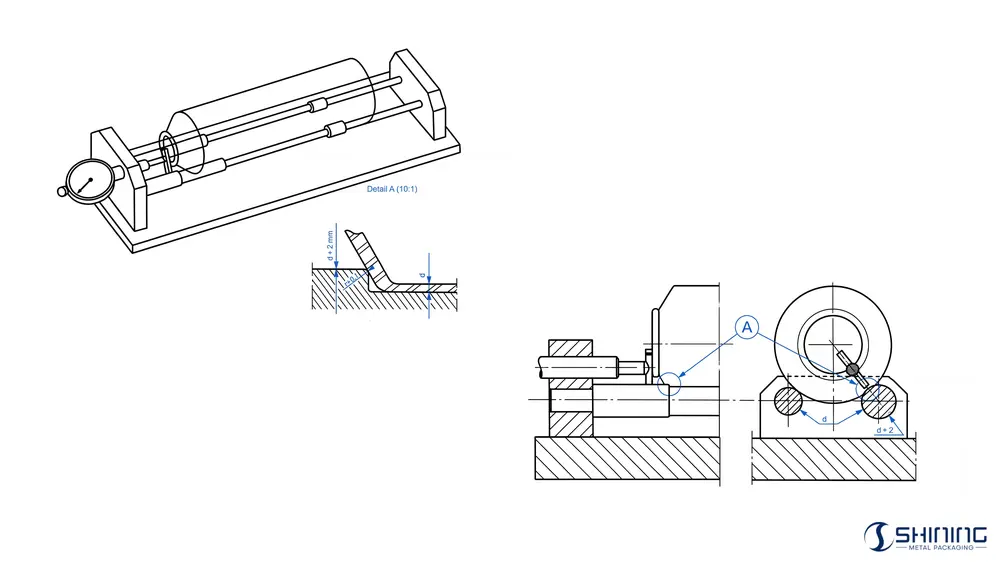 Mechanical measuring instrument for FEA 421 cover seat height measurement on 25.4 mm aerosol container, showing cutaway rods, stop (d + 2 mm) and micrometer gauge contact point