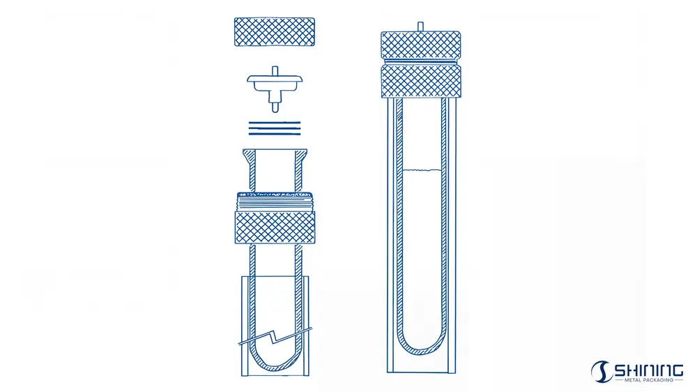 Technical diagram illustrating atmospheric pressure, true inside pressure and reference pressure in an aerosol pack measurement setup