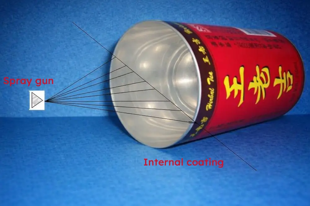How are aluminum cans made? 20 Internal lacquer spray gun applying food-grade coating to aluminum can body sidewall