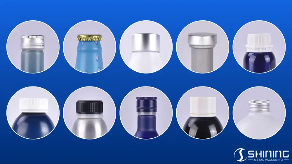 Guia de Tampas de Alumínio para Garrafas: Tipos, Especificações e Vedação 11 Matriz visual de vários tipos de tampas de alumínio para garrafas, incluindo tampas de coroa, de rosca, ROPP e tampas plásticas invioláveis.