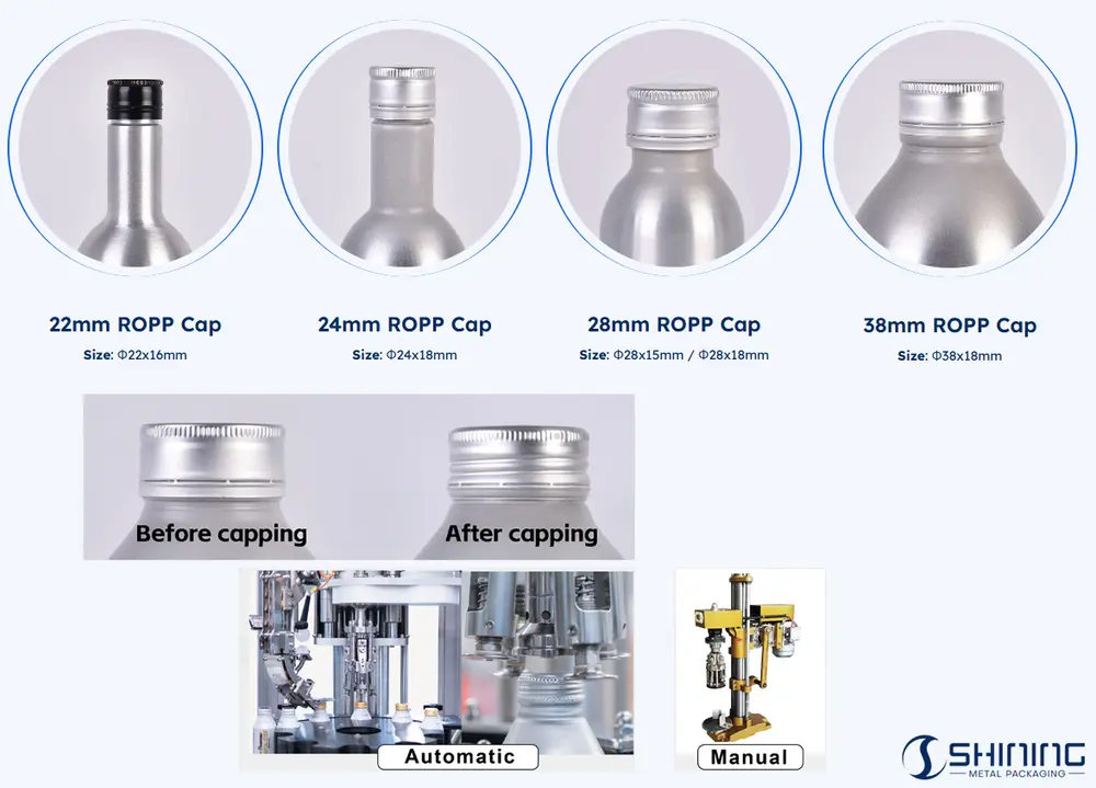 Guia de Tampas de Alumínio para Garrafas: Tipos, Especificações e Vedação 3 Tampas ROPP de alumínio de vários tamanhos e uma máquina de fechamento por rolo em operação.