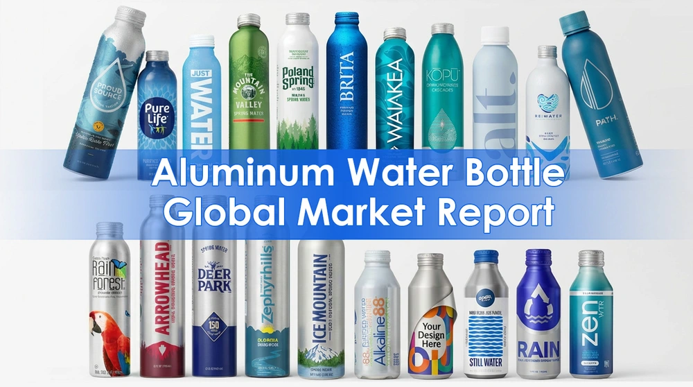 Banner de la línea de marcas de botellas de agua de aluminio para el "Informe del mercado global de botellas de agua de aluminio", que muestra botellas de aluminio reutilizables y reciclables.