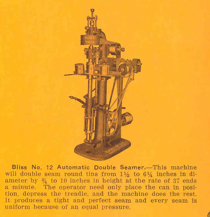 Comprendre le processus de double sertissage dans la fabrication des boîtes de conserve 6 Illustration d'une machine à coudre automatique double Bliss n° 12 (début du XXe siècle)