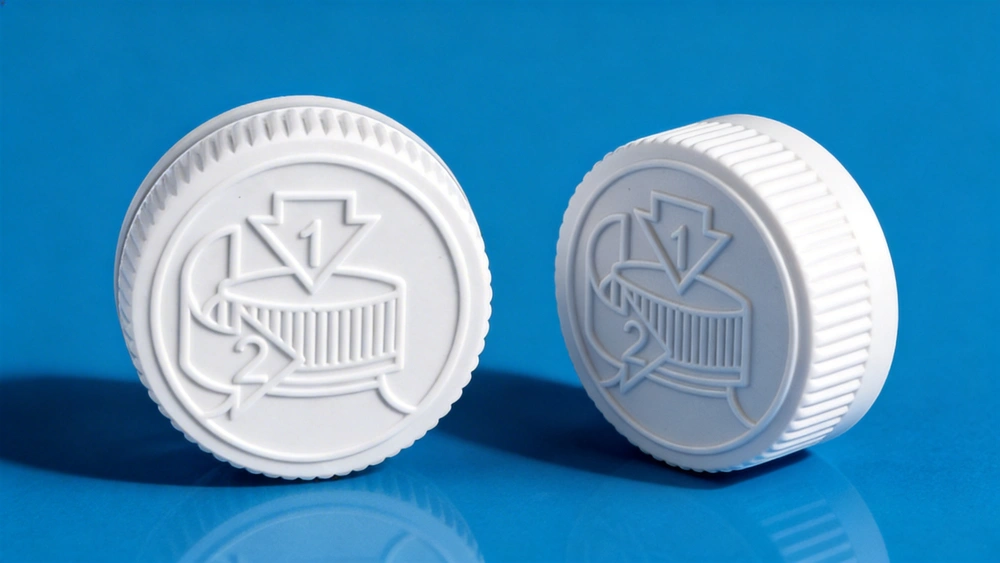 Guia de Tampas de Alumínio para Garrafas: Tipos, Especificações e Vedação 9 Tampas CRC resistentes a crianças com ícones de instruções que podem ser acionados pressionando e girando.