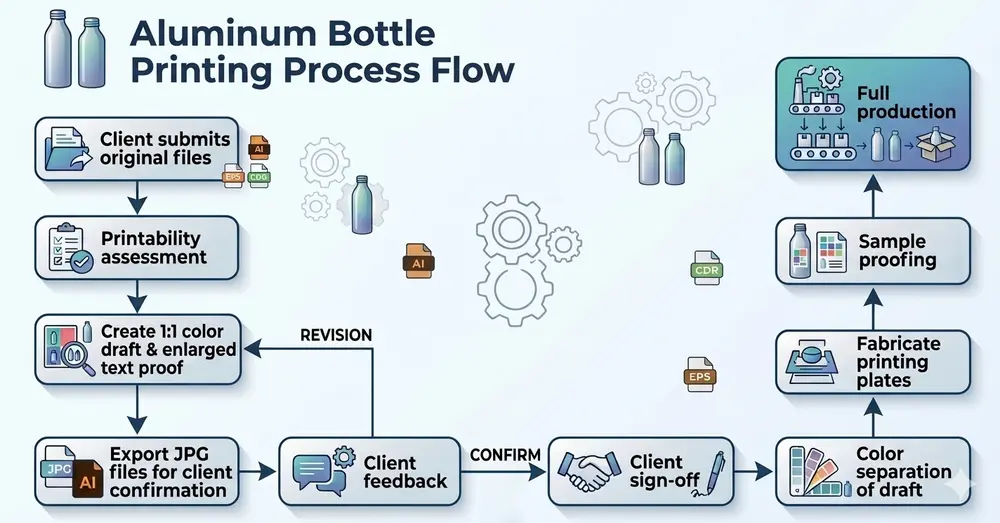Este diagrama de flujo ilustra el proceso completo de impresión de botellas de aluminio, desde que el cliente envía los archivos de diseño originales en formato AI/EPS, pasando por la evaluación de la imprimibilidad y la prueba de color 1:1, hasta la fabricación de planchas, la producción de muestras y la producción en masa final.