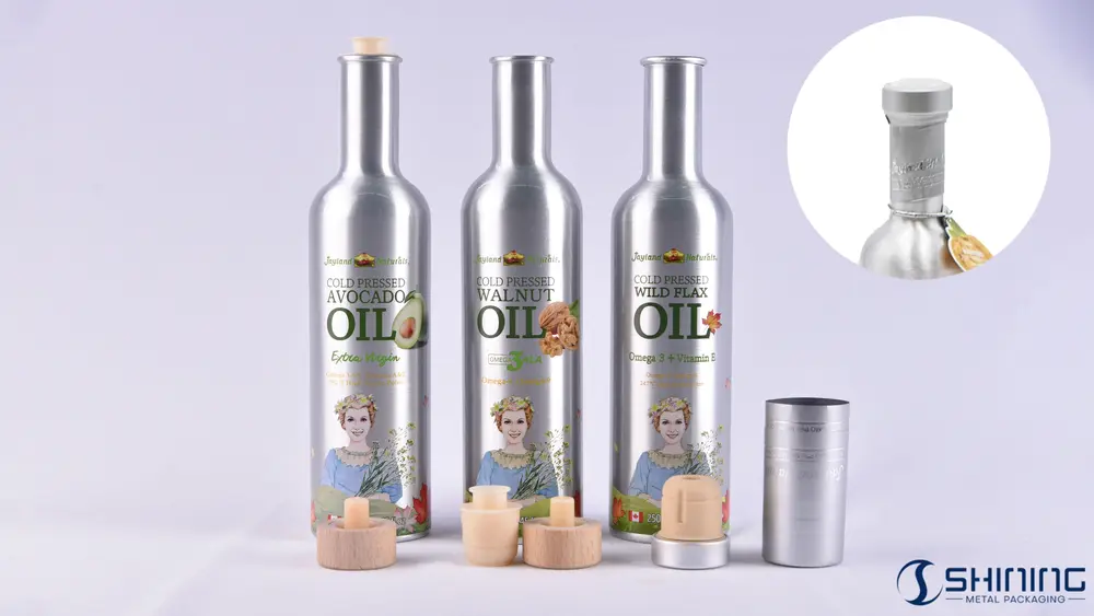 Guia de Tampas de Alumínio para Garrafas: Tipos, Especificações e Vedação 6 Garrafas de alumínio para óleo de abacate, noz e linhaça, com rolhas de cortiça e tampas de madeira.