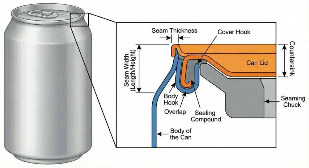 Comprendre le processus de double sertissage dans la fabrication des boîtes de conserve 1 Coupe transversale d'une canette en aluminium à double soudure montrant le crochet du couvercle, le crochet du corps, le chevauchement, l'épaisseur de la soudure et le composé d'étanchéité.