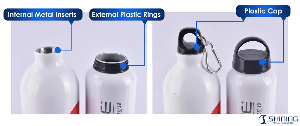 Белые алюминиевые спортивные бутылки с ранними внутренними металлическими вставками и внешними пластиковыми резьбовыми кольцами с карабинами.