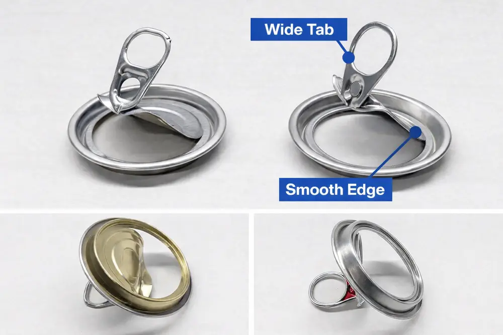 Estructura de extremo de apertura completa con lengüeta ancha y diseño de borde liso para una apertura segura de la lata de bebidas.