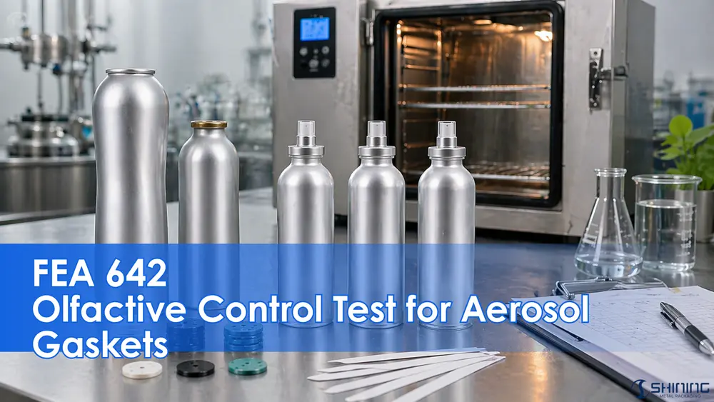 FEA 642 olfactive test setup for aerosol gaskets showing airtight glass flasks and ethyl alcohol extraction medium for sensory assessment.