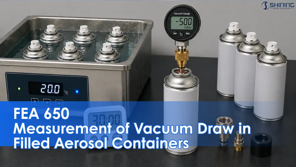 FEA 650 vacuum draw measurement setup for filled aerosol cans showing digital vacuum gauge and 20°C water bath conditioning.
