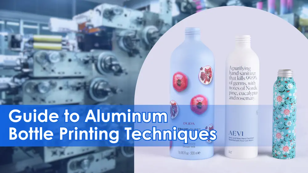 Aluminum bottles with different printing finishes including offset printing, heat transfer, and silk screen in a packaging production environment