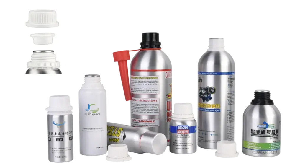 Guia de Tampas de Alumínio para Garrafas: Tipos, Especificações e Vedação 5 Frascos especiais de alumínio com tampas para óleos essenciais e tampas de encaixe para aerossóis.