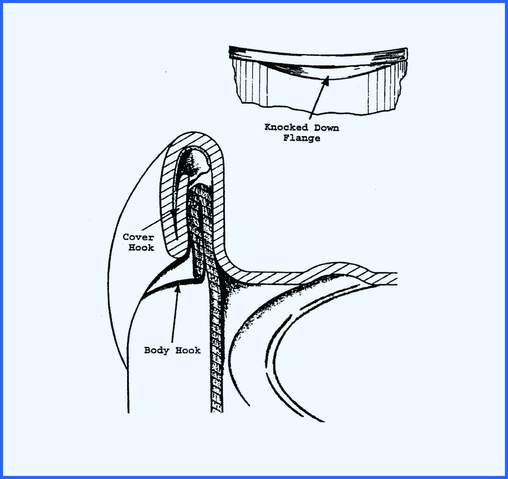 Ein abgebrochener Flanschdefekt in einer Metalldose mit doppelter Naht zeigt einen verbogenen Flansch am Gehäuse, der die ordnungsgemäße Hakenbildung verhindert.