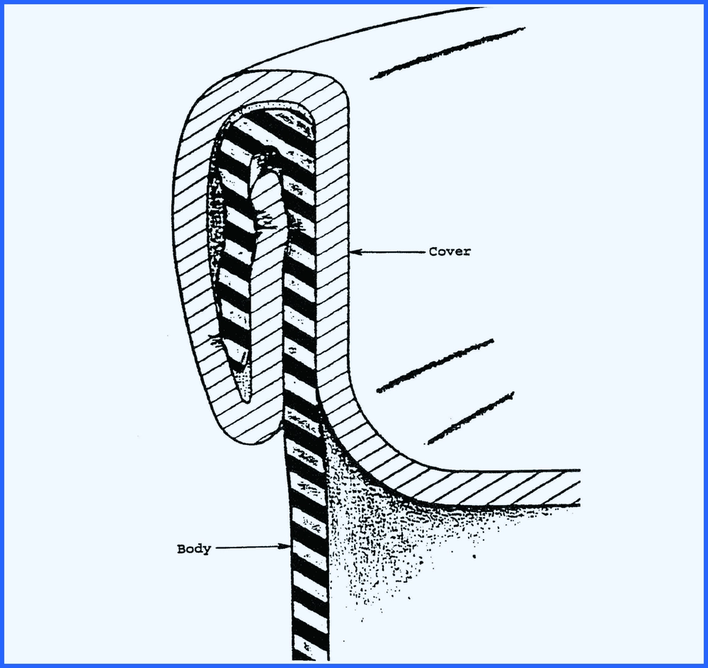 Querschnittsdiagramm einer normalen Doppelnaht im ersten Arbeitsgang einer Metalldose, das das korrekte abgerundete Bodenprofil, die ausreichende Verriegelung des Deckelhakens und den ausgewogenen Eingriff zwischen Deckel und Korpus zeigt.