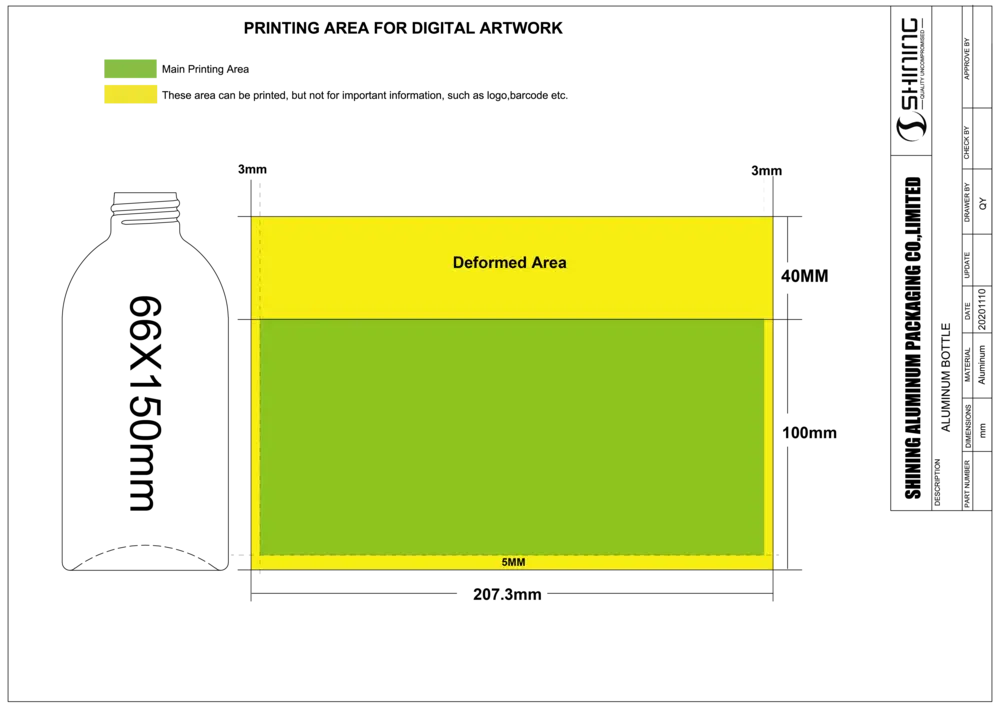 A detailed offset printing guide for a aluminum bottle. It features a 100mm high green "Main Printing Area" and a yellow "Deformed Area" at the top to account for necking distortion.