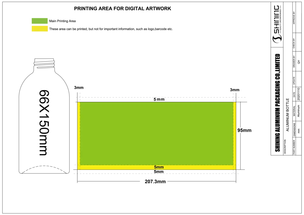A technical layout for a aluminum bottle showing the safe printing zone for heat transfer and silk screen processes. It highlights a green "Main Printing Area" and yellow margins, including a 5mm safety gap at the base.