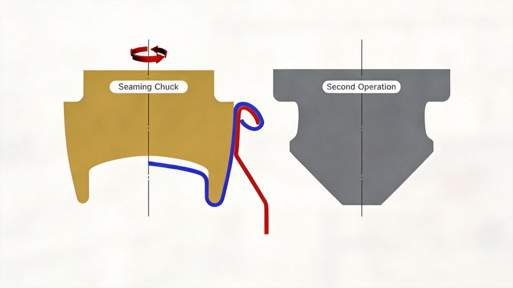 Comprendre le processus de double sertissage dans la fabrication des boîtes de conserve 4 Profil de l'outillage de la deuxième opération montrant le mandrin de sertissage et le rouleau de la deuxième opération avant la compression finale du joint.
