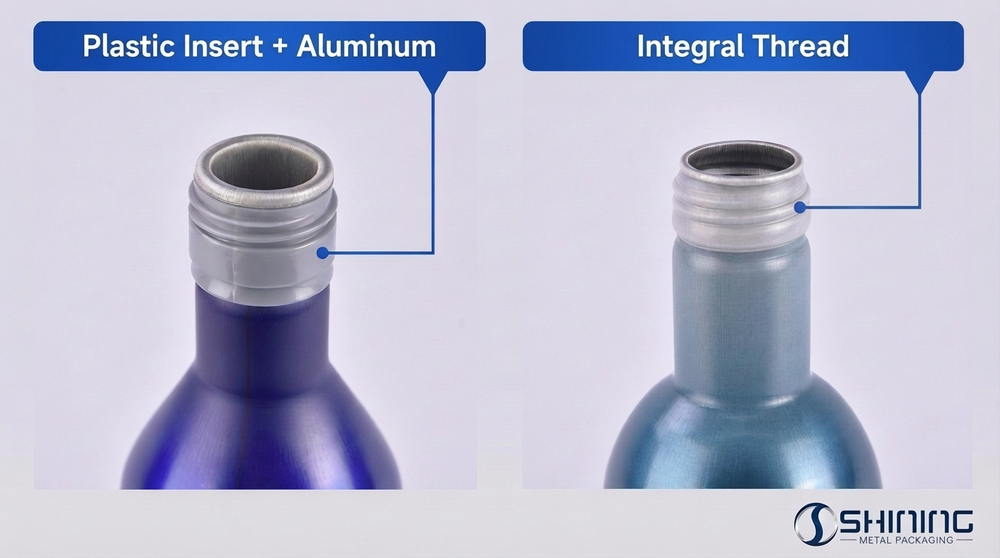 Сравнительный анализ пластиковой резьбовой вставки на синей алюминиевой бутылке и цельноалюминиевой резьбовой вставки на бирюзовой бутылке.