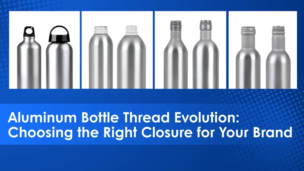 Banner infográfico que muestra la evolución de los cierres de botellas de aluminio, desde las cantimploras deportivas hasta los modernos hilos monomateriales.