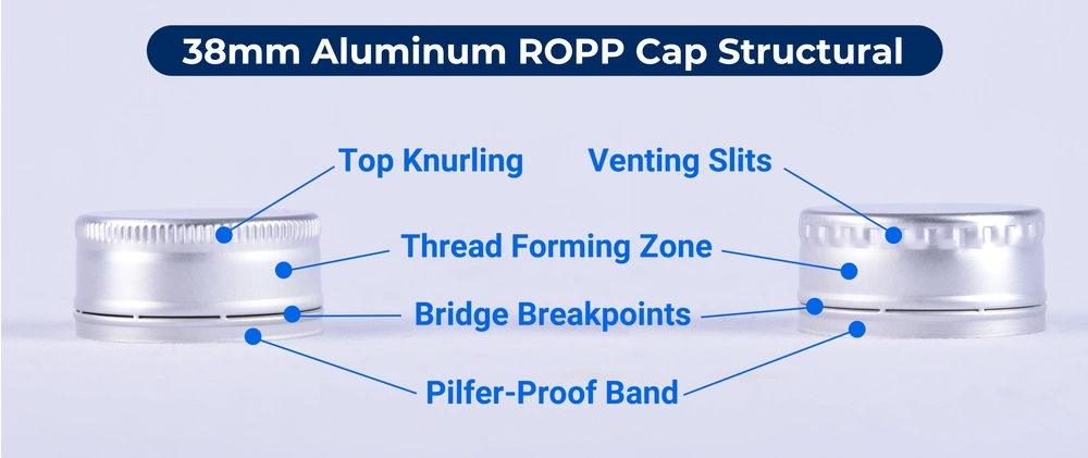 Structural components of a 38mm aluminum ROPP cap with labels.